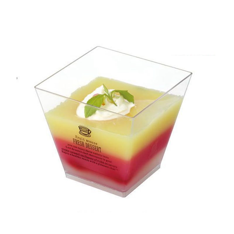 Square Plastic Dessert Cups 210ml Square plastic dessert cups, 210ml capacity, front view.
