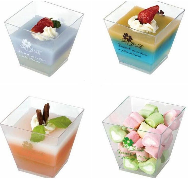 Square Plastic Dessert Cups 210ml Square plastic dessert cups in use with dessert, 210ml.