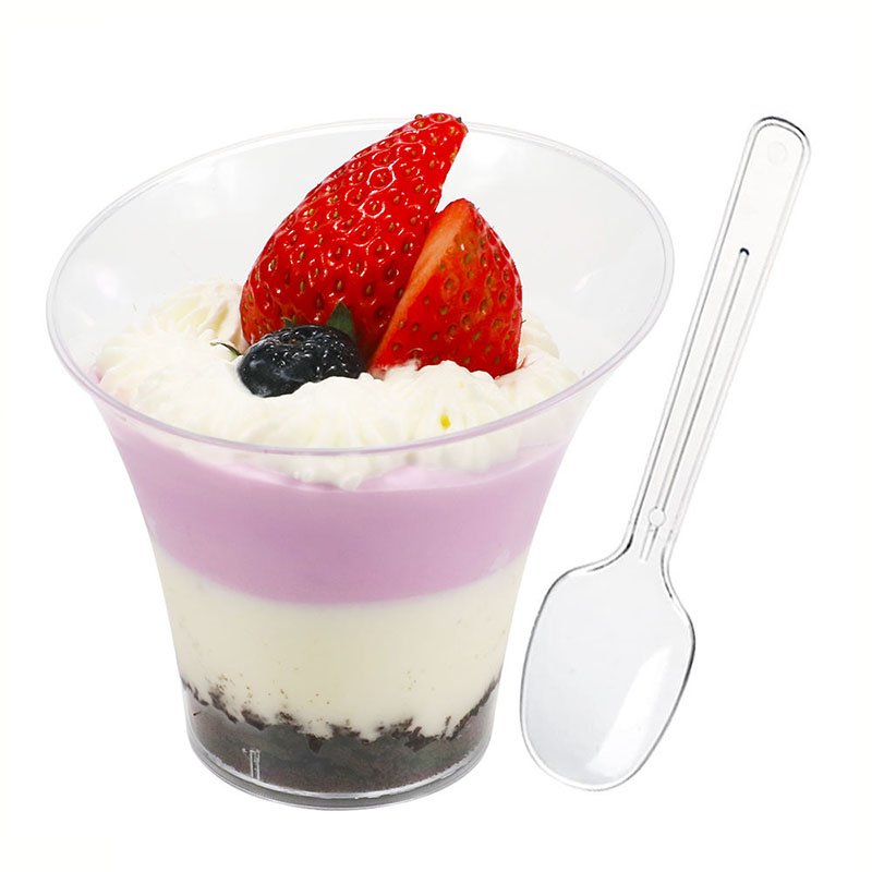 Clear Plastic Serving Cups 135ml Round plastic dessert cups with spoon