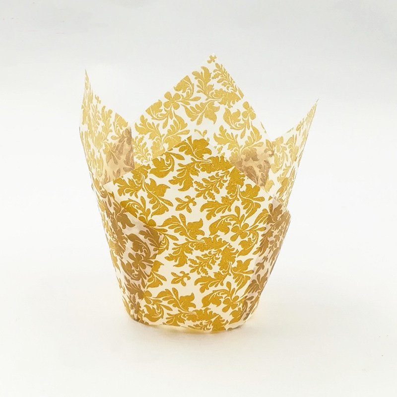 Greaseproof Fancy Floral Print Tulip Baking Cups(Gold & Brown) Golden tulip cupcake liners for dessert tables