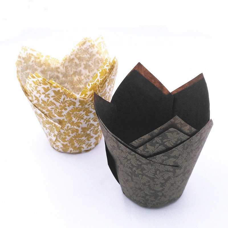 Greaseproof Fancy Floral Print Tulip Baking Cups(Gold & Brown) Greaseproof gold brown tulip baking cups – oil-resistant paper liners that keep cupcakes clean