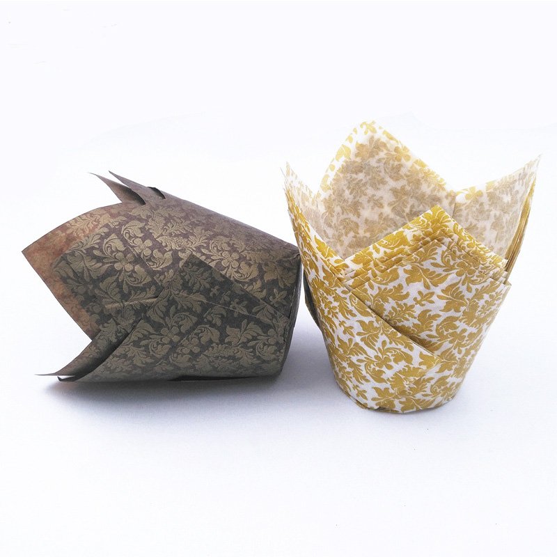 Greaseproof Fancy Floral Print Tulip Baking Cups(Gold & Brown) Gold and brown tulip cupcake wrappers – autumn-themed baking cups for Thanksgiving, fall weddings and harvest parties