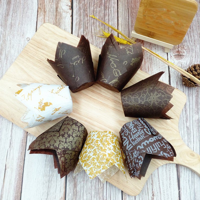 Greaseproof Fancy Floral Print Tulip Baking Cups(Gold & Brown) Wholesale tulip baking cups gold and brown – bulk greaseproof paper liners for bakeries, cafes and event caterers