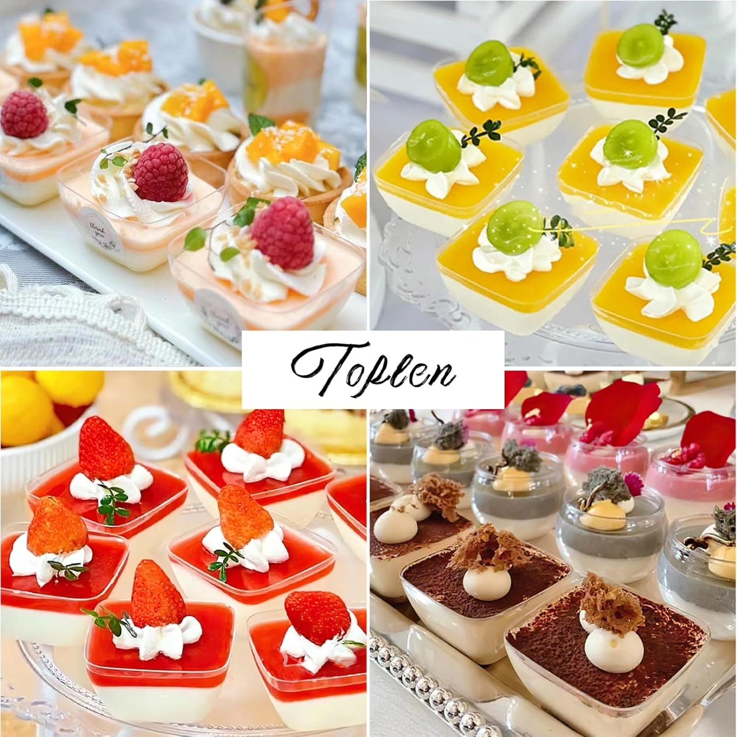 Plastic dessert cups with layered parfait and fresh fruit - clear disposable cups for parties and events