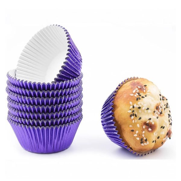 Purple foil paper cupcake liners – glossy foil baking cups with elegant finish for dessert tables