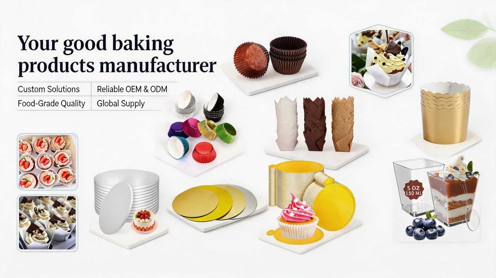 Yeeluwin wholesale baking supplies - greaseproof cupcake liners, foil liners, tulip cups, muffin cups, cake drums, cake boards, and plastic dessert cups
