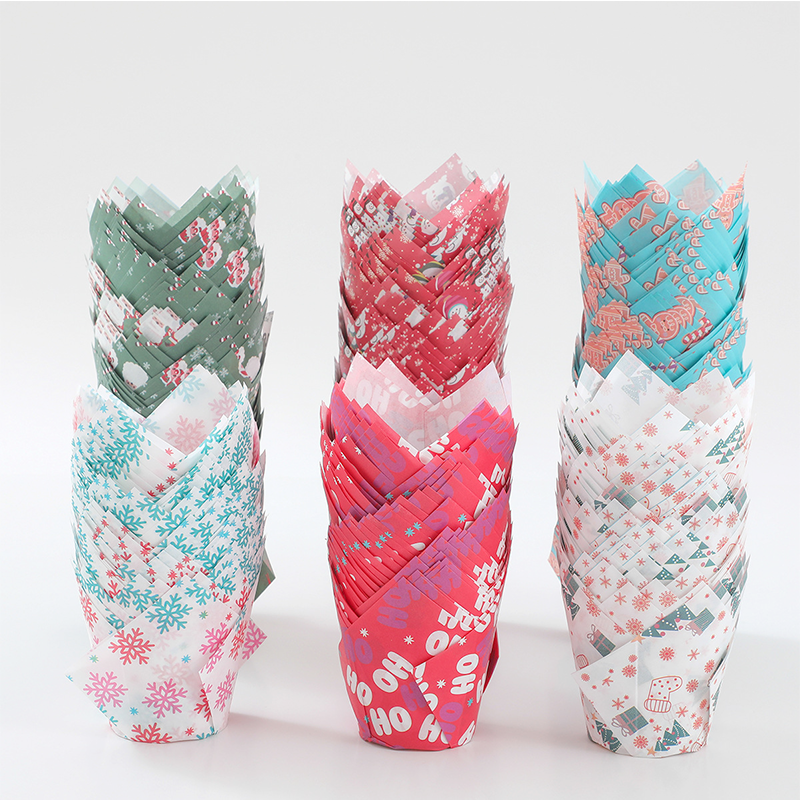 5cm Tulip Paper Baking Cups for Christmas Christmas tulip baking cups top view ruffled paper liners for festive desserts
