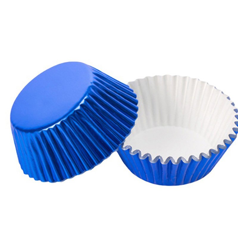 Foil Paper Cupcake Liners With PVC Tube Blue metallic cupcake liners – vibrant foil baking cups for baby showers and nautical themes