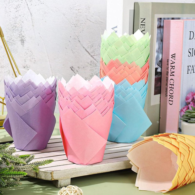 Tulip Cupcake Liners – Assorted Colors Ruffled Baking Cups Stacked tulip cupcake liners – multicolor ruffled paper cups for bakeries and catering