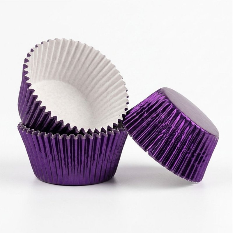 Greaseproof Purple Blue Foil Paper Cupcake Baking Cups for Baking Purple foil cupcake liners in baking tray greaseproof cups for cupcakes