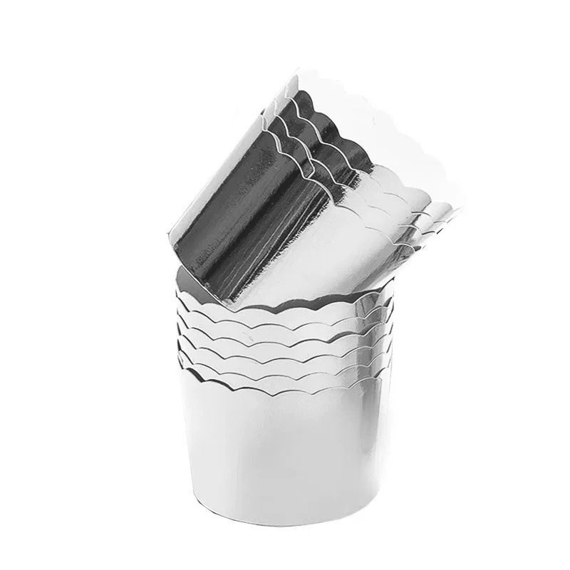 Greaseproof Metallic Baking Cupcake Liners Silver foil muffin cups – greaseproof metallic baking liners for modern parties and events 💡 ALT 撰写原则(依据 SEO 最佳实践)