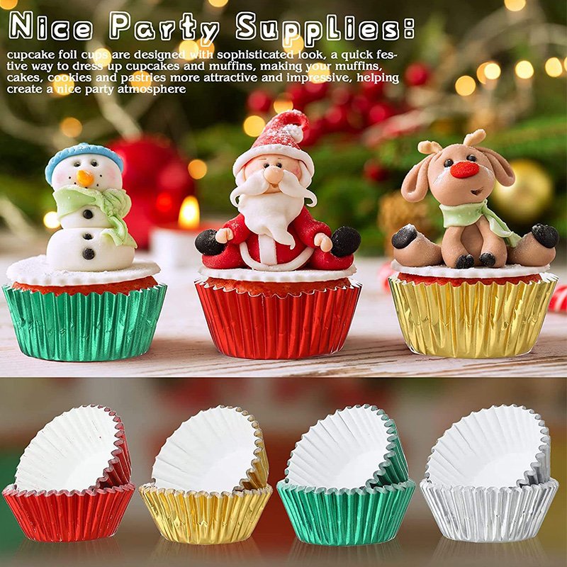 The Complete Guide to Wholesale Foil Paper Cupcake Liners Wholesale foil paper cupcake liners in red, gold, green and silver, shown with decorated holiday cupcakes and stacked liners