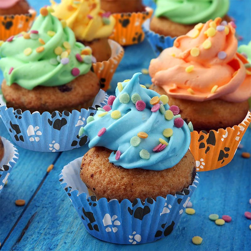 Bulk Dog Paw Print Cupcake Liners, Wholesale Party Baking Cups Dog paw cupcake liners with frosting, puppy birthday party dessert display