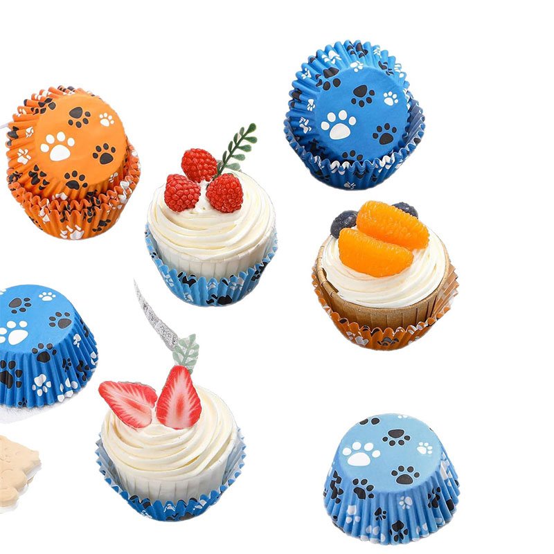 Bulk Dog Paw Print Cupcake Liners, Wholesale Party Baking Cups Dog paw print cupcake liners, puppy theme muffin baking cups with fruit decoration