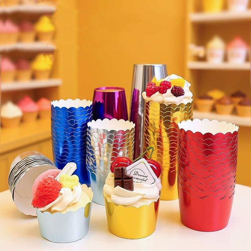 Blue red gold foil cupcake liners with cupcakes for birthdays and celebrations