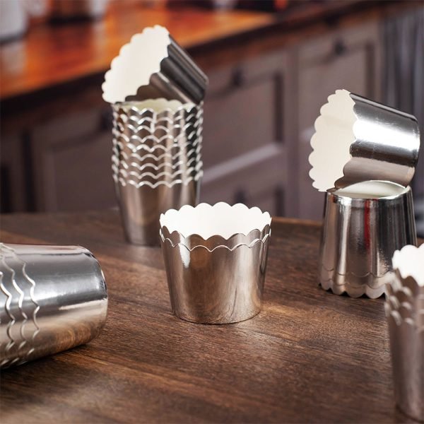 Scalloped silver foil cupcake liners bulk for food business