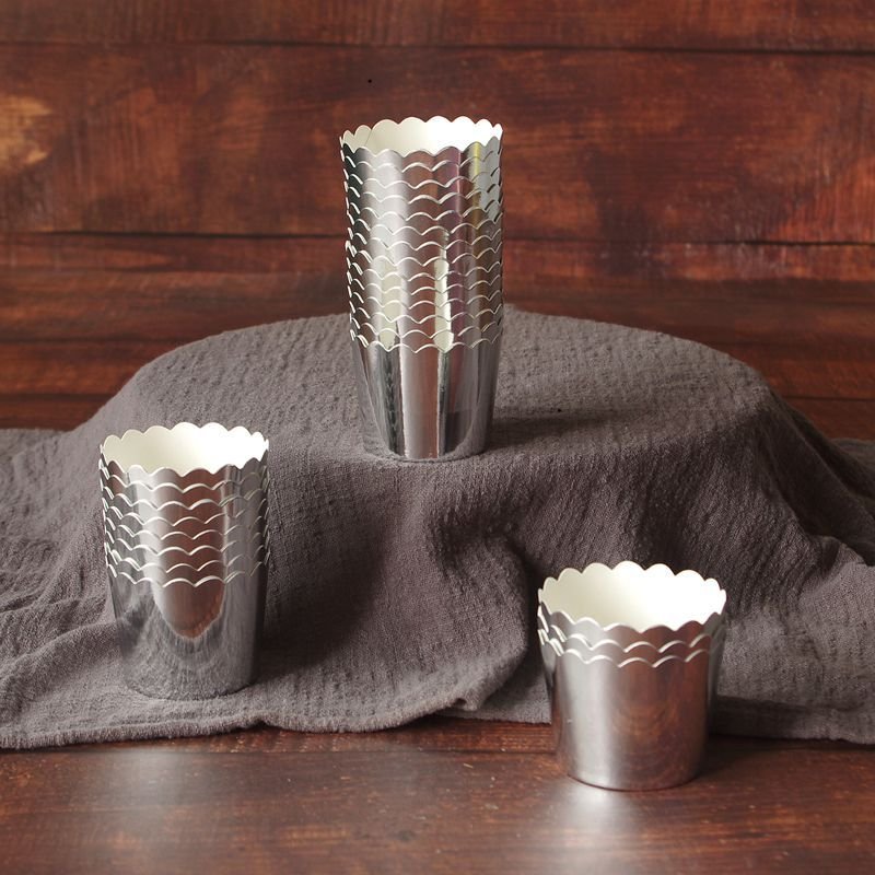 Silver Foil Cupcake Liners, Scalloped Bulk Muffin Cups for Food Business Stacked silver foil cupcake liners bulk supply for food business