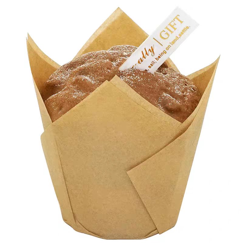Bulk Tulip Cupcake Liners – 40gsm Greaseproof, 5cm Base, 1000/Case | Wholesale Supplier & Custom Print Unbleached kraft tulip cupcake liners with chocolate muffin, greaseproof baking cups