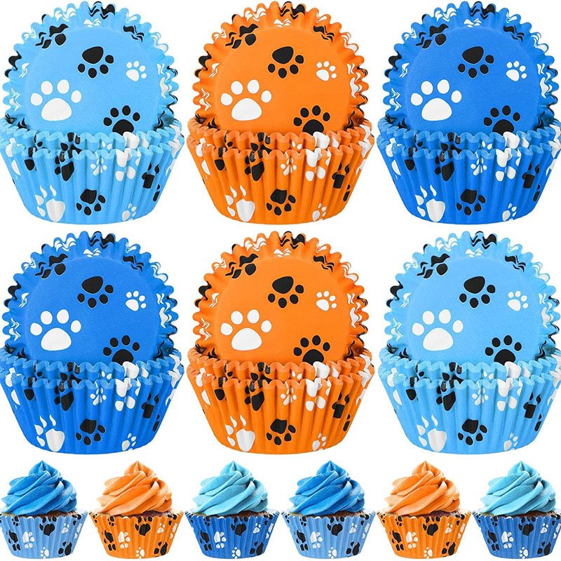 Bulk Dog Paw Print Cupcake Liners, Wholesale Party Baking Cups Wholesale dog paw print baking cups in blue and orange, custom bulk party supplies